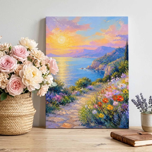 Sunset Glow Canvas Wall Art, Summer Yellow Pink Sunset Flower Path Oil Painting Style Pictures Wall Decor Wooden Framed Artwork Art Prints for Living Room Hallway Bedroom Office 8"x12"