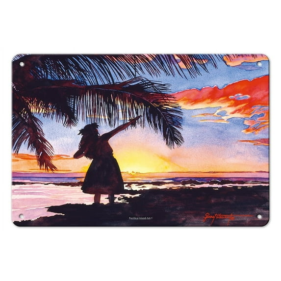 Sunset Glow (Ke Alaula) - Hawaiian Hula Dancer - From an Original Watercolor Painting by Janet Stewart - 8 x 12 inch Vintage Metal Tin Sign
