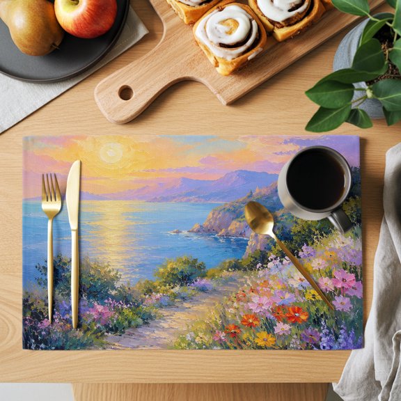 Sunset Glow Placemats Set of 1 Summer Yellow Pink Sunset Flower Path Oil Painting Style Heat Insulation Washable Place Mats, Non-Slip Table Mats for Dining Table Party Kitchen Decor, 13x19 Inch