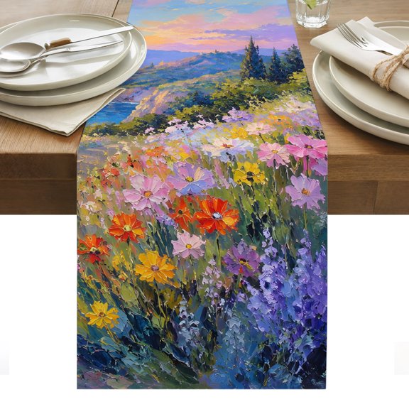 Sunset Glow Table Runner, Summer Yellow Pink Sunset Flower Path Oil Painting Style Washable Kitchen Table Runners for Dining Table Decorations Party/Restaurant/Indoor Outdoor Use, 13x36in