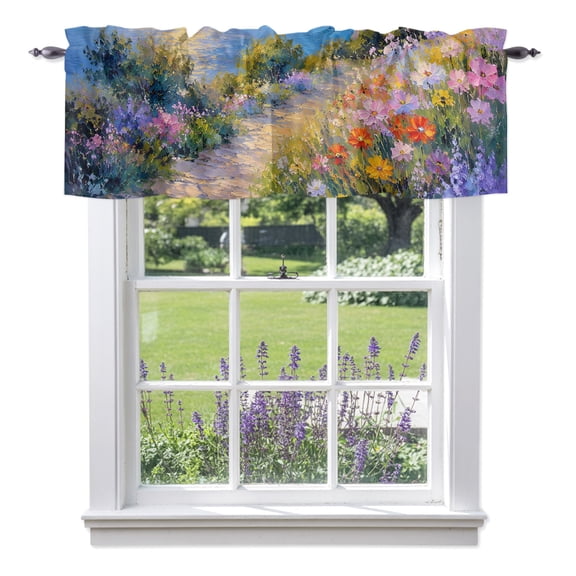 Sunset Glow Valances for Windows, Summer Yellow Pink Sunset Flower Path Oil Painting Style Valance Window Treatment Rod Pocket Short Curtains Valances for Kitchen Bathroom 42"W x 12"L