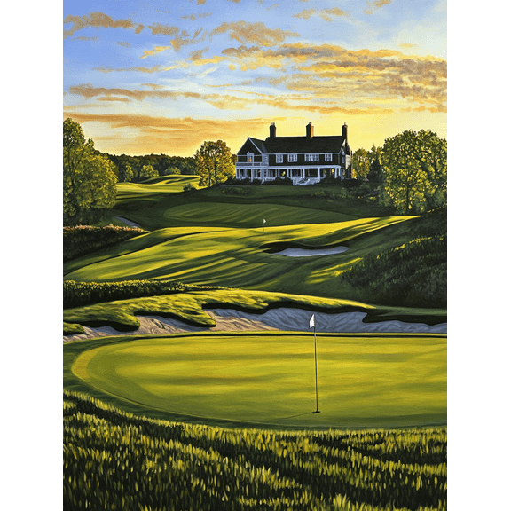Sunset Golf Course House Canvas Painting Perfect for Living Room Bedroom Office Golf Room and Clubhouse Decoration.