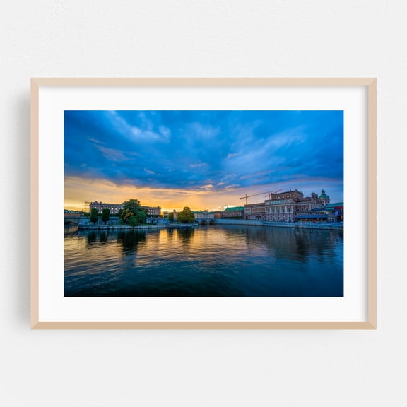 Sunset Helgeandsholmen - Stockholm Sweden Photography Cityscape Architecture Sunset Bridge Scenic Water Skyline Oak Framed Wall Art Print 5 x 7 inches