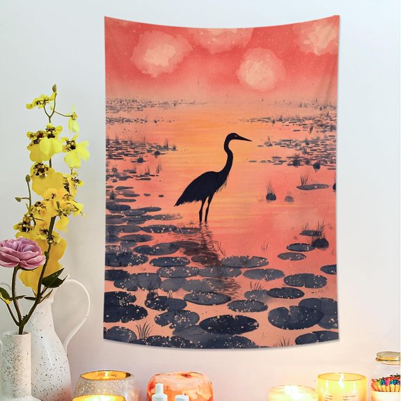Sunset Heron and Water Lily Tapestry Wall Hanging, Bohemian Floral Nature Decor for Bedroom Living Room Yoga Space, 30 x 40 Inch, Orange Peach