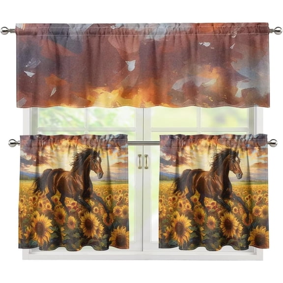 Sunset Horse Cafe Curtains Over Sink,Modern Style Pleat Short Curtains for Small Window 3piece Kitchen Window
