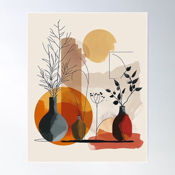 Sunset Hues In Stylized Vases And Botanical Lines Poster Wall Art, Modern Wall Decor For Living Room Bedroom, 12x18 UNFRAMED
