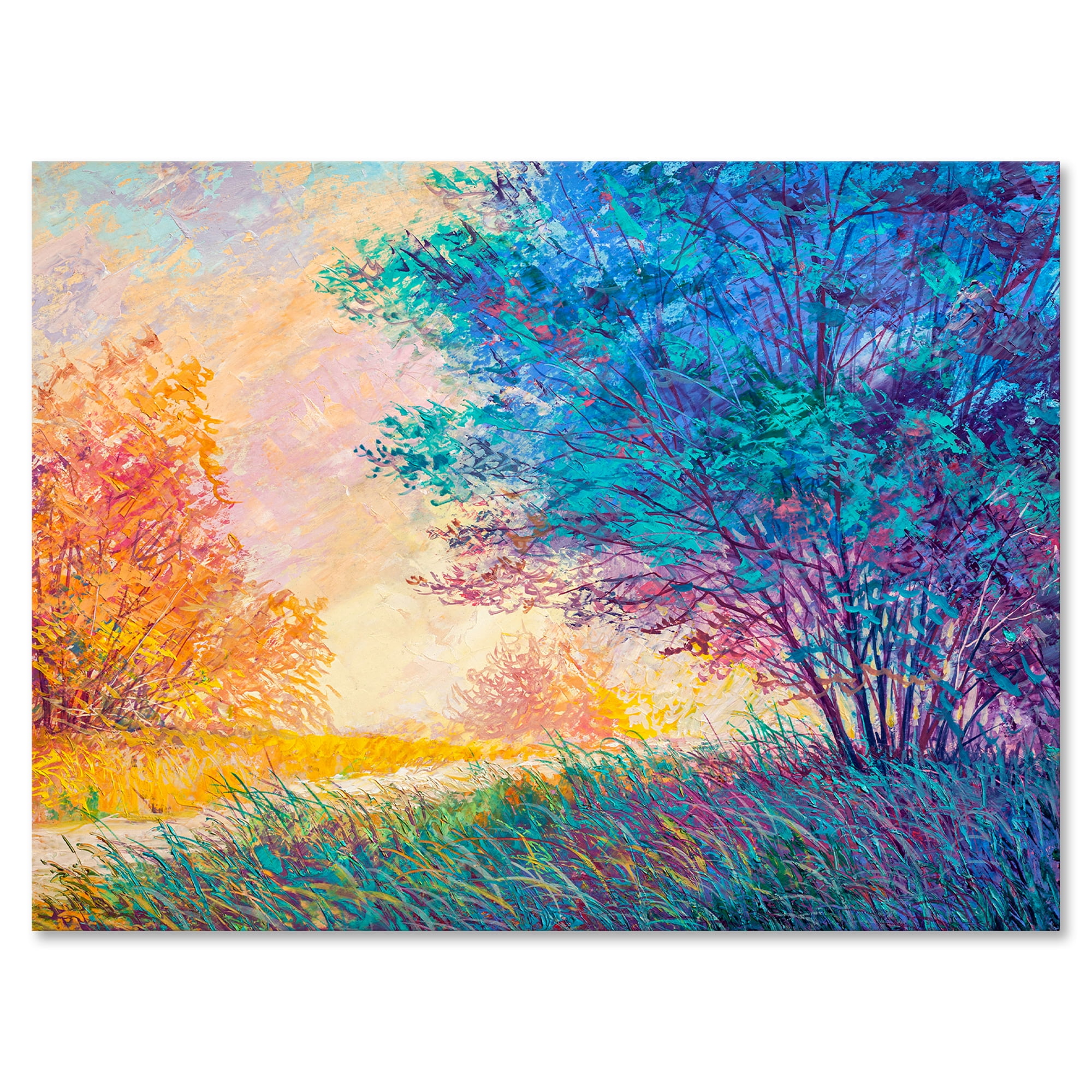 Sunset In Autumnal Forest Landscape 8 in x 12 in Painting Canvas Art Print, by Designart