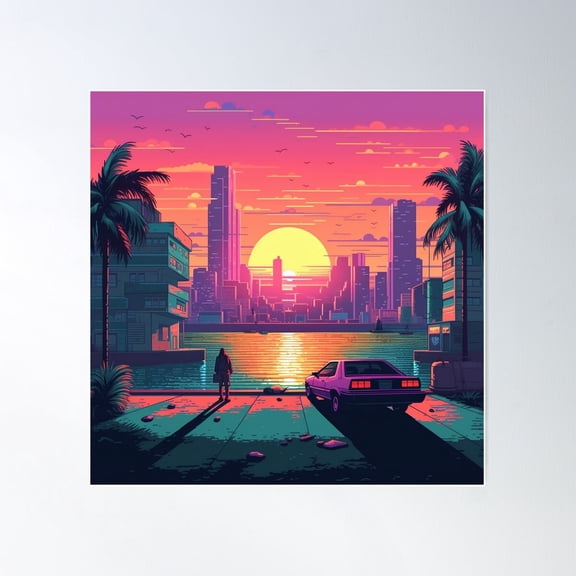 Sunset In Gta Vice City Pixel Art Style Poster Wall Art Modern Wall Decor For Living Room Bedroom