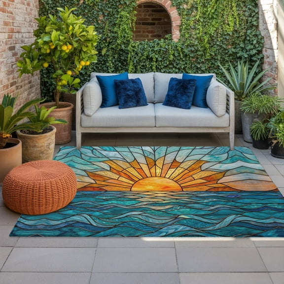 Sunset Indoor Outdoor Rugs 4x6 Ft, Nature Ocean Waves Coastal Outdoor Patio Rugs Mat Washable Outside Area Rugs Carpet for Porch Deck RV Camping Pool Balcony Backyard