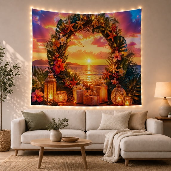 Sunset Inside a Floral Arch with Lanterns and Boxes, Serene Digital Art for Beach Lovers, Island Wall Decor, Housewarming Gift, Tapestry Wall Hanging for Bedroom and Studio
