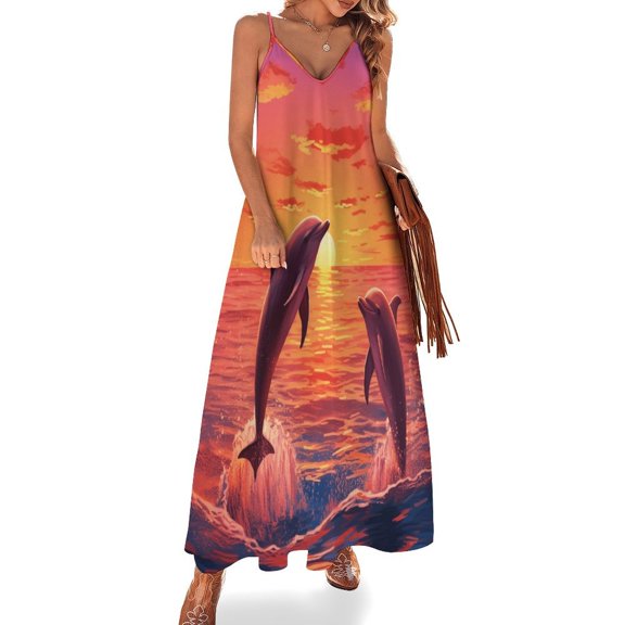 Sunset Jumping Dolphin Fine Art Sleeveless Dress Summer Dress Woman 2025