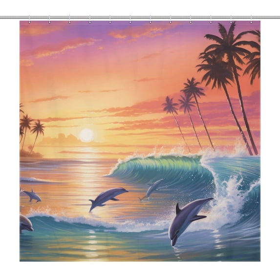 Sunset Jumping Dolphin Shower CurtainCloth Fabric Bathroom Decor Set with Hooks