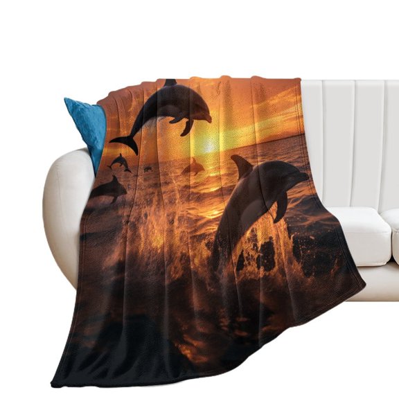 Sunset Jumping Dolphin Soft Cozy Warm, Lightweight And Plush Flannel Throw Blankets - Perfect for Couch, Bed, Travel
