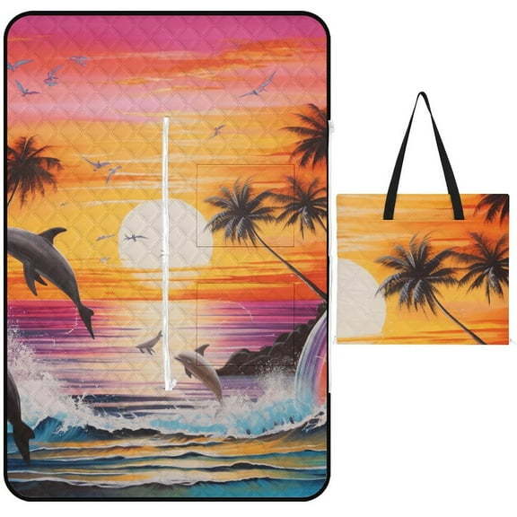 Sunset Jumping Dolphin Waterproof Picnic Blanket with Foldable Zipper, Suitable for Outdoor Use, Suitable for Travel, Camping, Beaches, Parks, Grasslands, Picnic Blanket Accessories