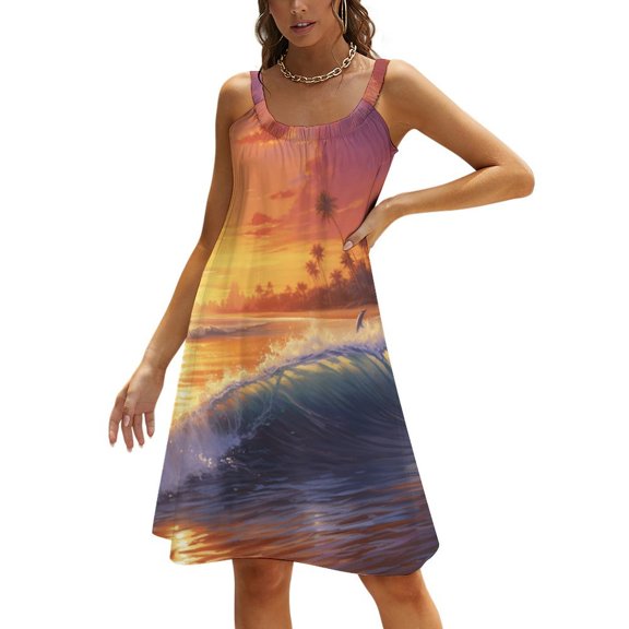 Sunset Jumping Dolphin Women's Summer Dresses 2025 Beach Casual Sleeveless Floral Print Tank Loose Sundress