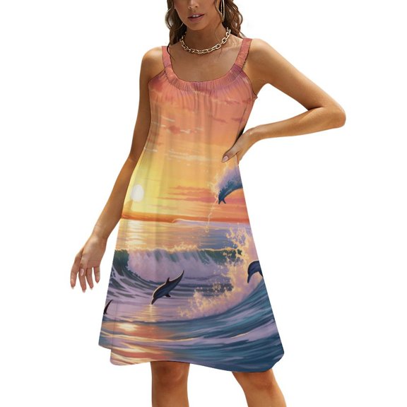 Sunset Jumping Dolphin Women's Summer Dresses 2025 Beach Casual Sleeveless Floral Print Tank Loose Sundress