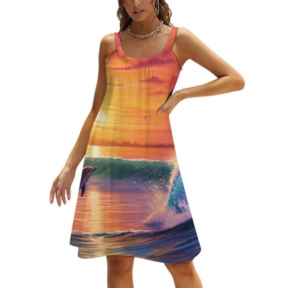 Sunset Jumping Dolphin Women's Summer Dresses 2025 Beach Casual Sleeveless Floral Print Tank Loose Sundress