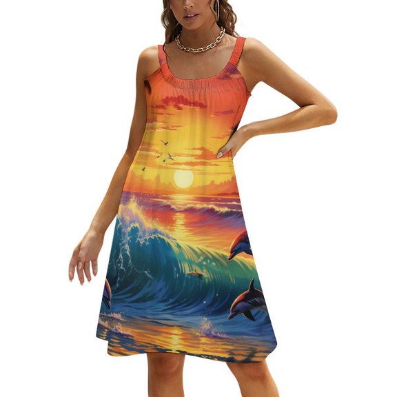 Sunset Jumping Dolphin Women's Summer Dresses 2025 Beach Casual Sleeveless Floral Print Tank Loose Sundress