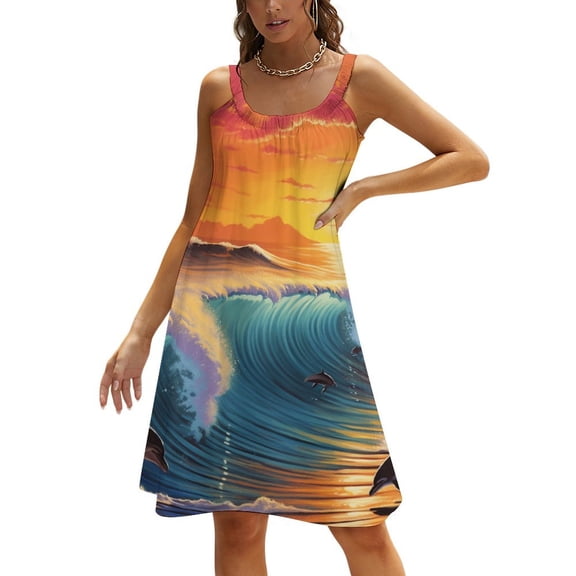 Sunset Jumping Dolphin Women's Summer Dresses 2025 Beach Casual Sleeveless Floral Print Tank Loose Sundress