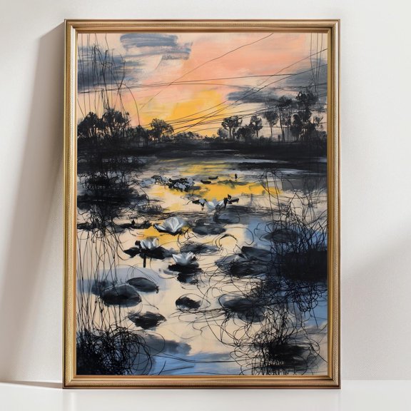 Sunset Lake Art Abstract Landscape Water Lilies Modern Nature Golden Hour Reflection, Unframed Paper Poster 8x10in