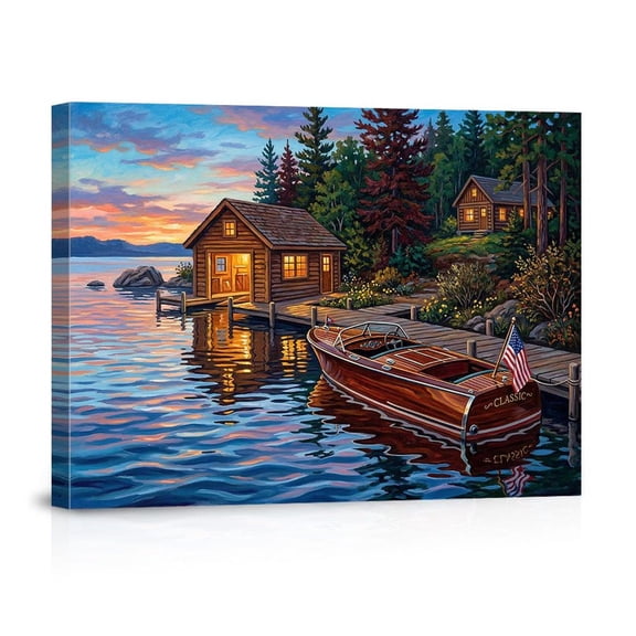 Sunset Lake Cabin Classic Wooden Boat Rustic American Flag For Home Living Room Canvas