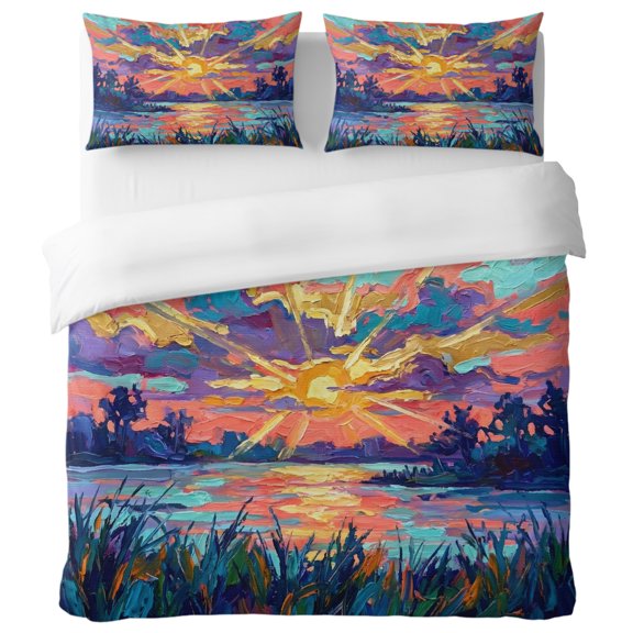 Sunset Lake California King Duvet Cover Set, Vintage Gold Purple Blue Sun Rays Oil Painting Texture Decorative 3 Piece Bedding Set with Zipper Closure Soft Breathable Comforter Cover & 2 Pillowcases