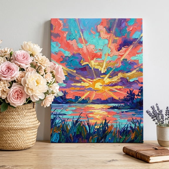 Sunset Lake Canvas Wall Art, Vintage Rustic Gold Purple Blue Sun Rays Oil Painting Texture Framed Canvas Wall Decor Picture Print Artwork Decorations for Living Room Office Ready to Hang 32" x 24"