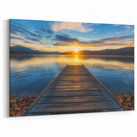 Sunset Lake Dock Photography — Golden Hour Mountain Landscape Canvas Print