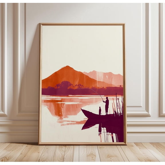 Sunset Lake Fishing Mountain Reflection Minimalist Landscape Art Unframed Paper Print