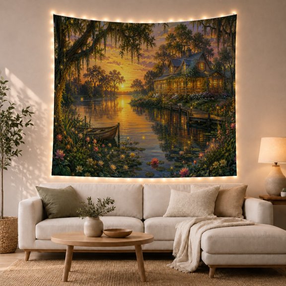 Sunset Lake Garden With Cottage and Boat, Serene Fantasy Style for Nature Lovers, Nature Wall Art, Housewarming Gift, Tapestry Wall Hanging for Bedroom and Living Room