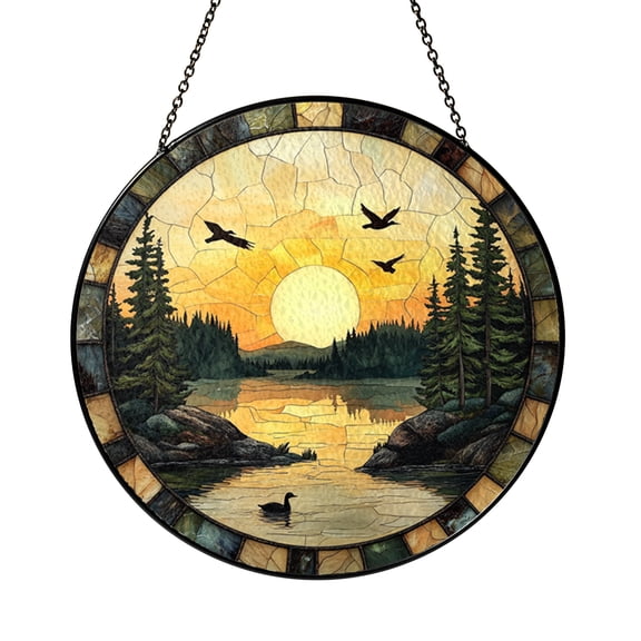 Sunset Lake Glass Style Window Panel – Nature Inspired Home Art
