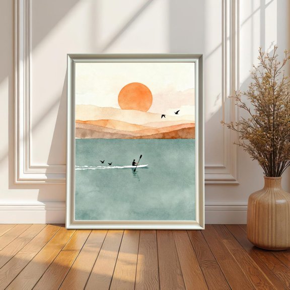 Sunset Lake Kayak Landscape Home Wall Decor
