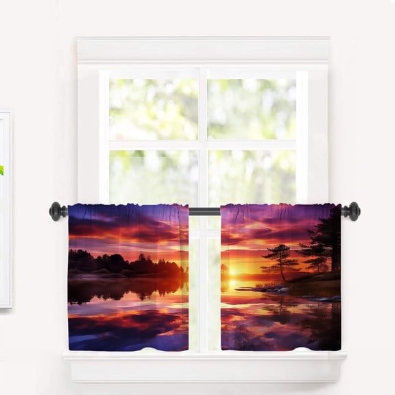 Sunset by Lake Kitchen Tier Curtains for Windows, Serene Lakeside Scene Blackout Valances Multilayer Polyester Window Treatments for Kitchen 2 Pack 26X24 Inches