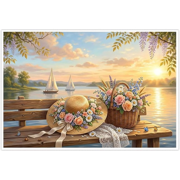 Sunset Lake Landscape Canvas Wall Art Floral Basket and Straw Hat on Bench Scenery Poster Romantic Sailboat Cottagecore Home Decor for Living Room Bedroom