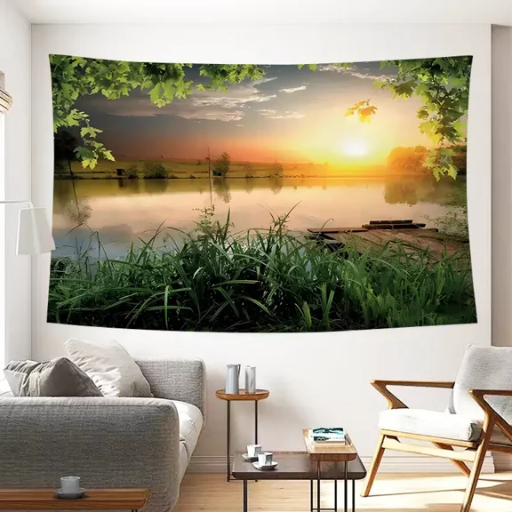 Sunset Lake Landscape Tapestry - Serene Nature Wall Hanging, Rustic Country Decor for Bedroom, Living Room, or Cabin - 37x29 Inches
