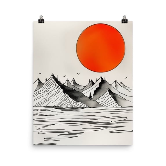 Sunset Lake Line Poster, Minimalist Mountain Landscape, Modern Nature ...