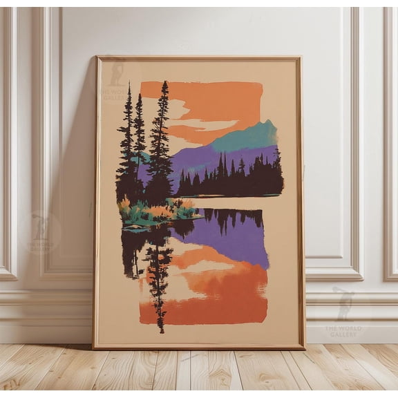 Sunset Lake Mountain Colorful Alpine Landscape Modern Nature Wall Art, Unframed Poster