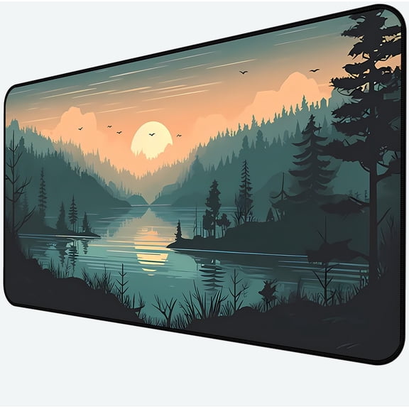 Sunset Lake Mouse Pad XXL, Green Forest Plant Desk Pad, Large Computer Pad, Game Mouse Mats Large, Full Desktop Pad, Natural Landscape Desktop Decor Home Office Desk Accessories 31.5"X15.7"