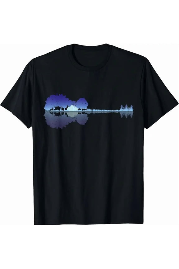 Sunset Lake Reflection Guitar Music Unisex Graphic Short Sleeve T-Shirt
