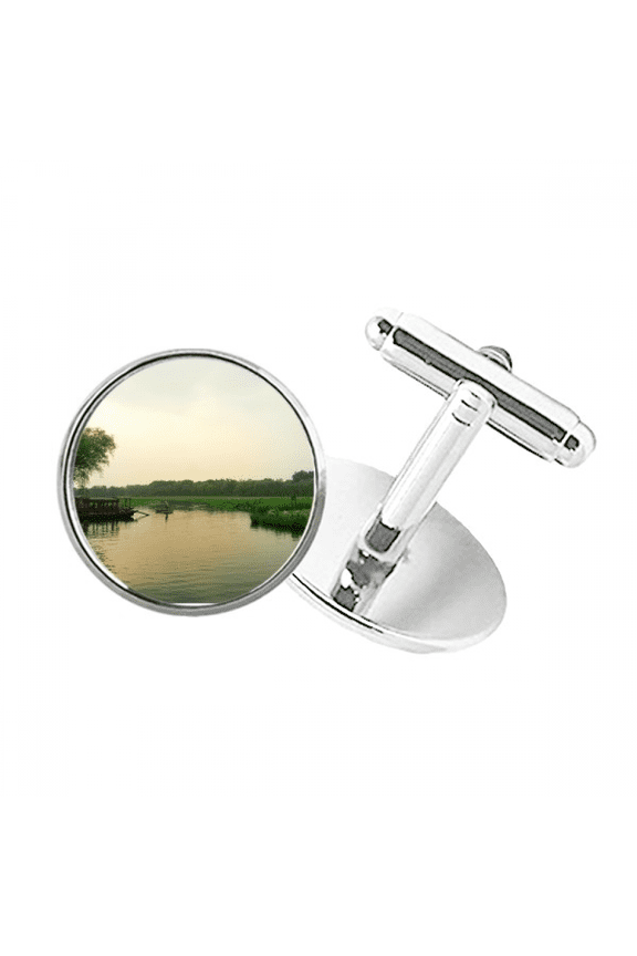 Sunset Lake View Photography Round Button Cuff Clip Stud Cufflinks