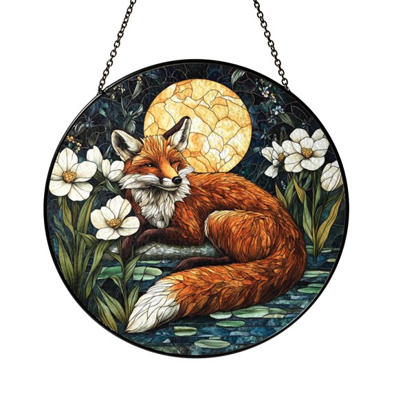 Sunset Lake Window Hanging – Fox Scene in Stained Glass Look