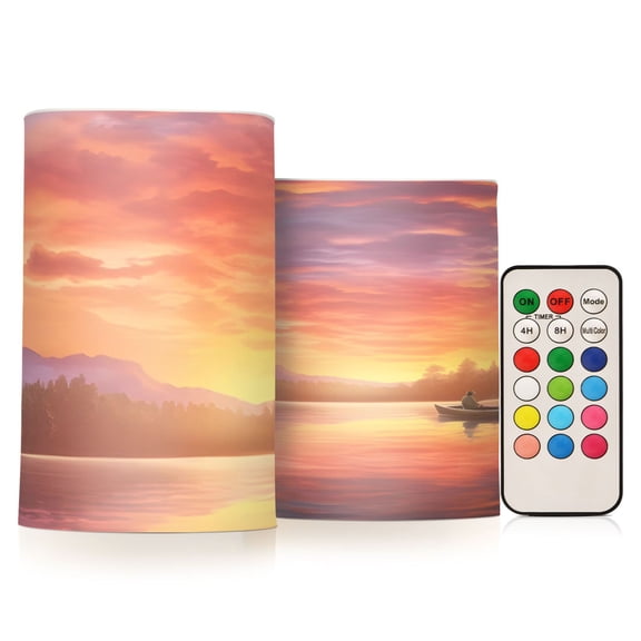 Sunset Lakeside Flickering Flameless Candles Battery Operated with Remote Timer LED Pillar Candles Set of 2