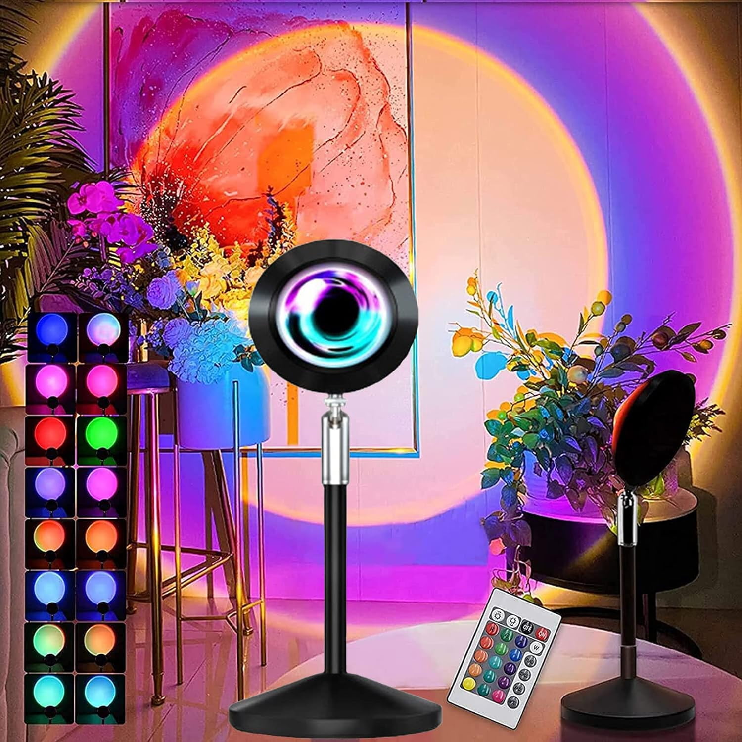 Sunset Lamp, Sunset Projection Lamp Projector Lights 16 Colors Switchable Sun lamp with 180 Degree Rotation, Sunset Light Romantic Led Light for Living Room Bedroom Floor Decor Gift Decoration