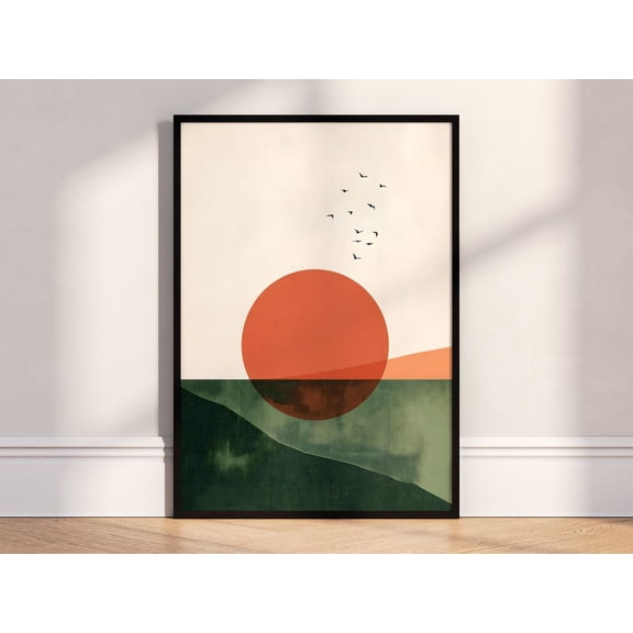 Sunset Landscape Abstract Sun Over Hills Contemporary Wall Art, Unframed Poster
