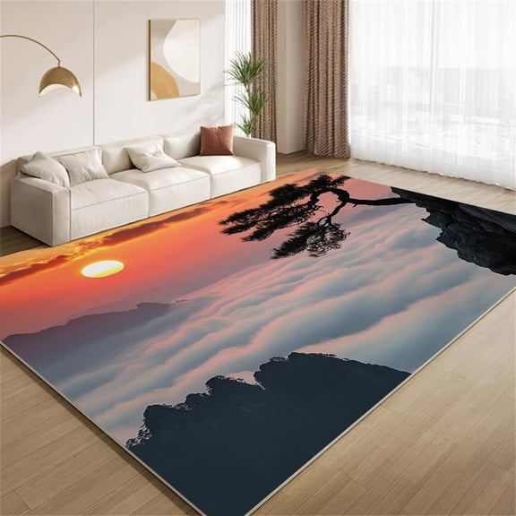 Sunset Landscape Area Rugs, Cloud Pine Trees Sunset Carpet, Washable Non Slip Low Pile Soft Rug for Living Room Bedroom Decor Mat 5ftx7ft