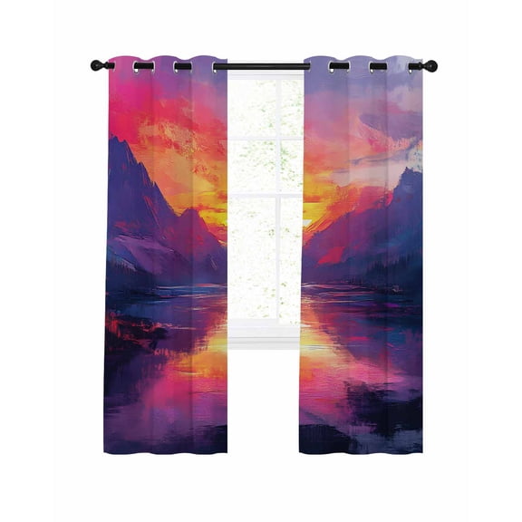 Sunset Landscape Blackout Curtains for Bedroom Living Room, Lake Reflection Mountain Peaks Pink Purple 96 In Long Thermal Insulated Room Darkening Drapes Grommet Window Treatments, 52 x 96 In