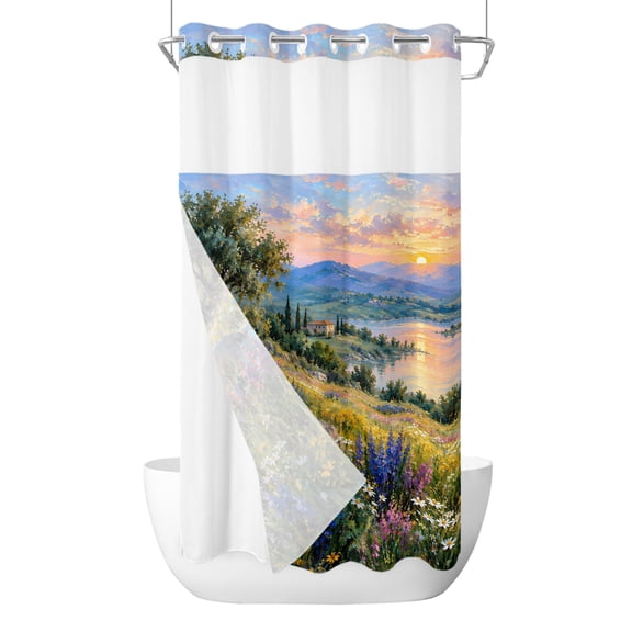 Sunset Landscape No Hook Shower Curtain and Snap in Liner Set, Farmhouse Wildflower Meadow Mountain Lake Waterproof Shower Curtain Liner Set with Mesh Top Window Weighted for Bathroom 36x72in