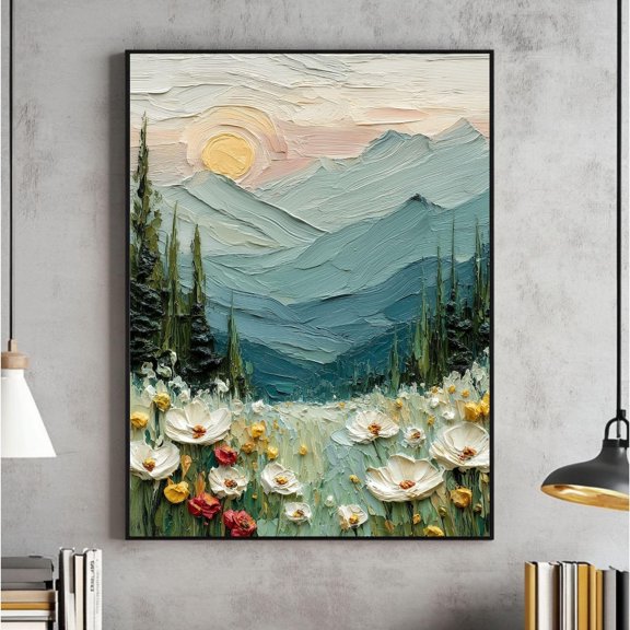 Sunset Landscape Modern Pastel Mountain Abstract Impasto Sunrise Boho Bedroom Decor