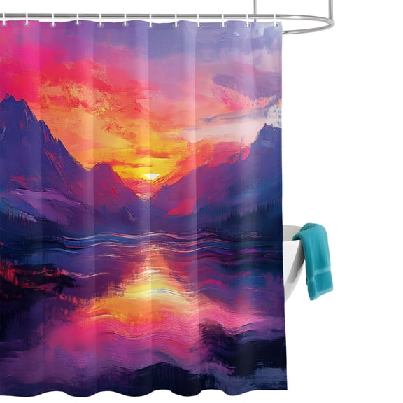 Sunset Landscape Shower Curtain, Lake Reflection Mountain Peaks Pink Purple Waterproof Shower Curtain Set with 12 Hooks Lightweight Bath Curtains Fabric Bathroom Decor 36x72 Inches