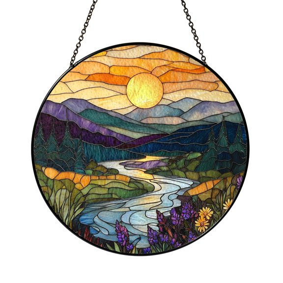 Sunset Landscape Stained Glass Style Suncatcher Window Decor, Scenic Art Design, Decorative Glass Style Window Hanging for Elegant Home Interior